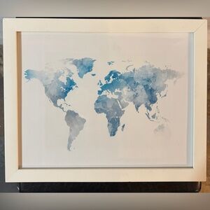 Framed World Map Wall Art – Blue Watercolor Style